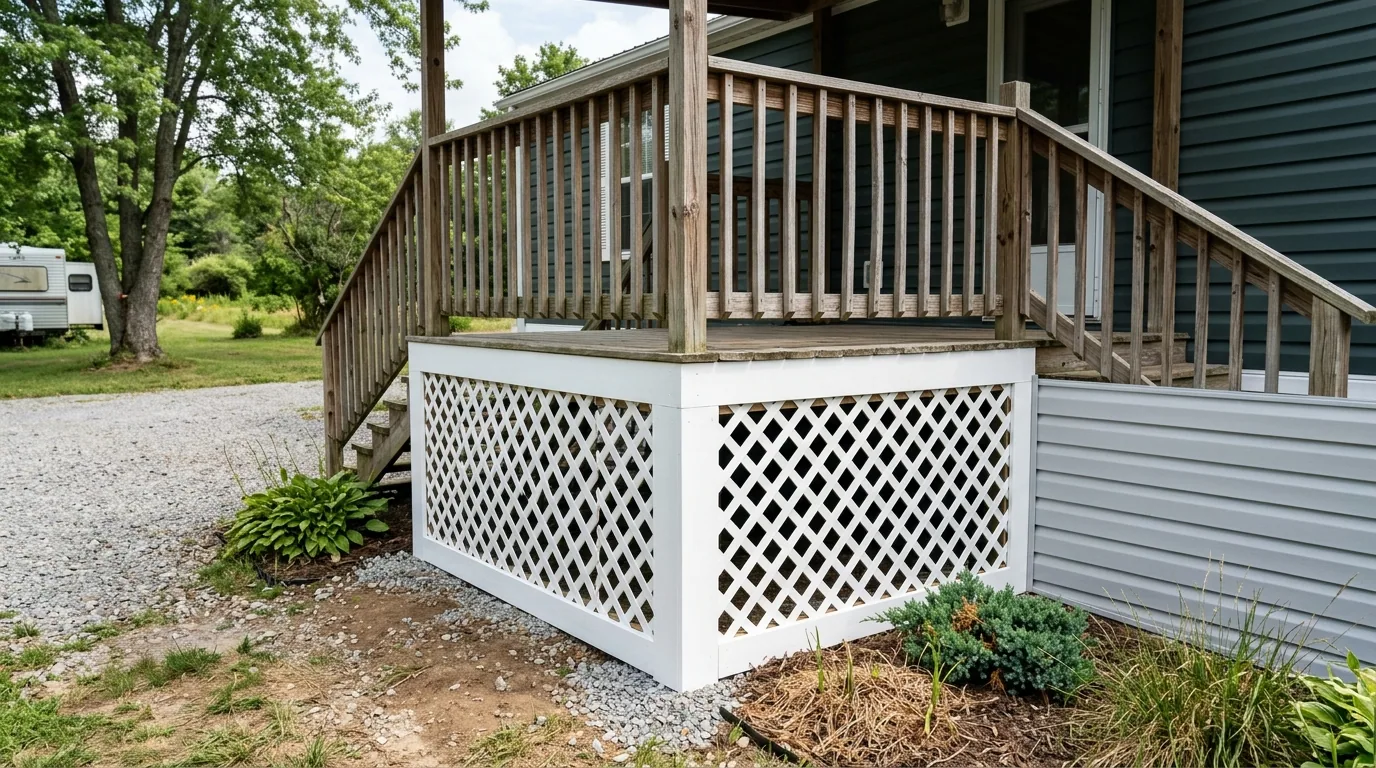The finished result of professional mobile home skirting: the completed work looking clean, correct — Ocala, FL