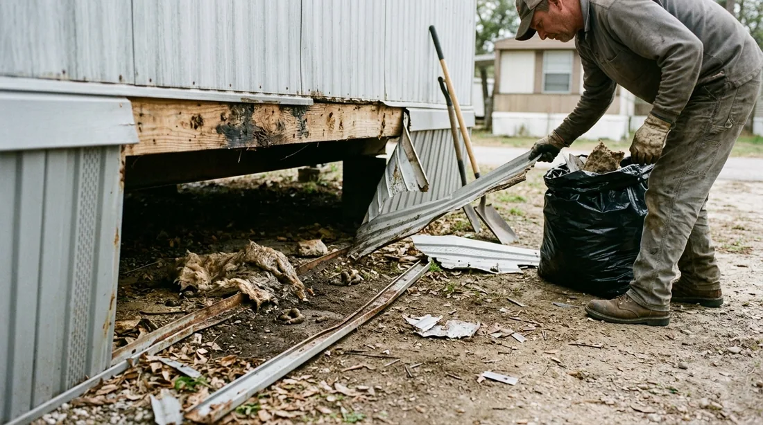 Old skirting, damaged track and any accumulated debris underneath are removed — Ocala, FL