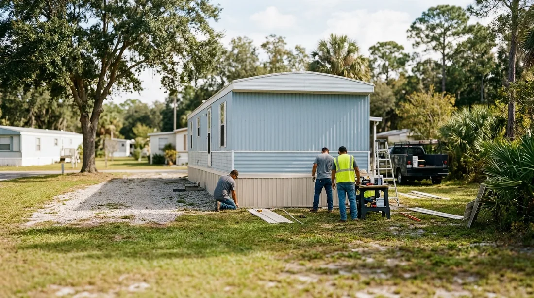 A small professional crew working on a mobile home skirting job at a property, seen from behind and — Ocala, FL